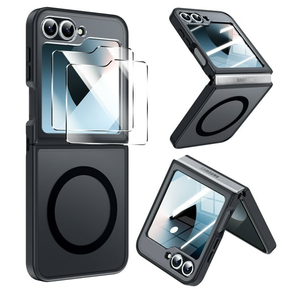 LeYi for Samsung Galaxy Z Flip 6 Case: Flip 6 Case [Compatible with MagSafe] with 2Pcs Tempered Glass Screen Protector, Magnetic Translucent Matte Shockproof Phone Case for Samsung Z Flip 6,Black