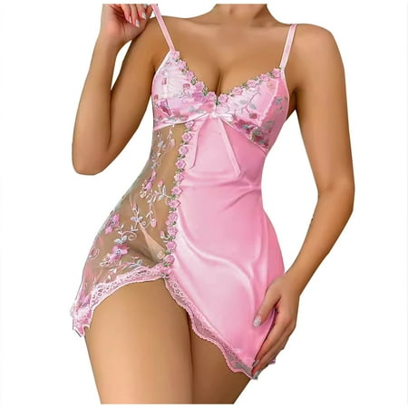 Tao Tao Women s Mesh Floral Embroidery Lace Trim Sheer Chemise Sleep Dresses Babydoll Nightgown Satin Slip Dress Pink L