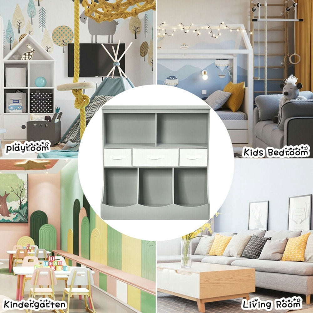 Resenkos Freestanding Combo Cubby Bin Storage Organizer Unit W/3 Baskets-Gray, Kids Toy Storage for Kids, Boys, Girls, Nursery
