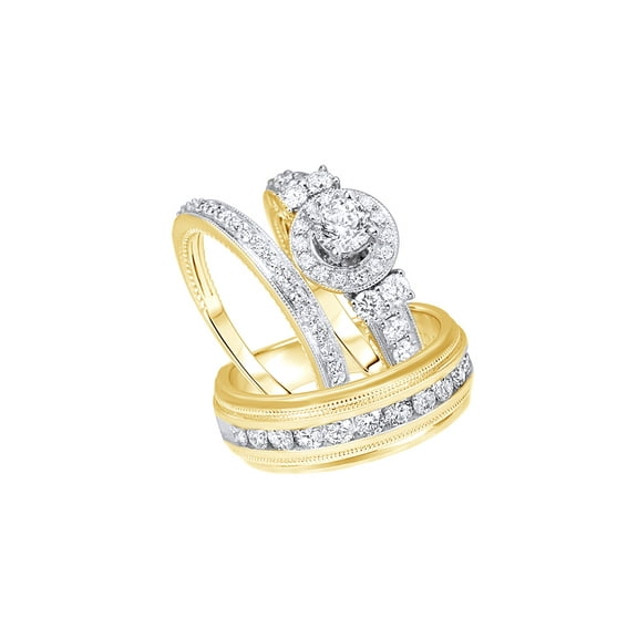 AFFY White Natural Diamond Engagement & Wedding Trio Bridal Ring Set In 10k Yellow Gold (2 Cttw)