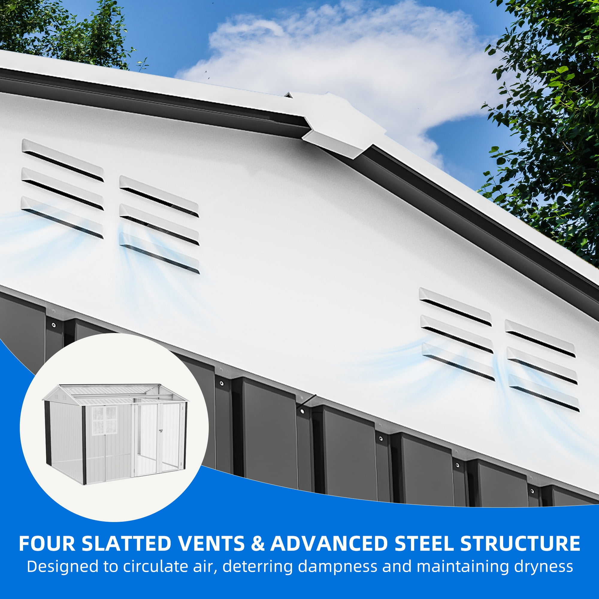 Dextrus 10' x 8' Outdoor Storage Shed, Waterproof Metal Shed with Windows, Lockable Doors Gray/White