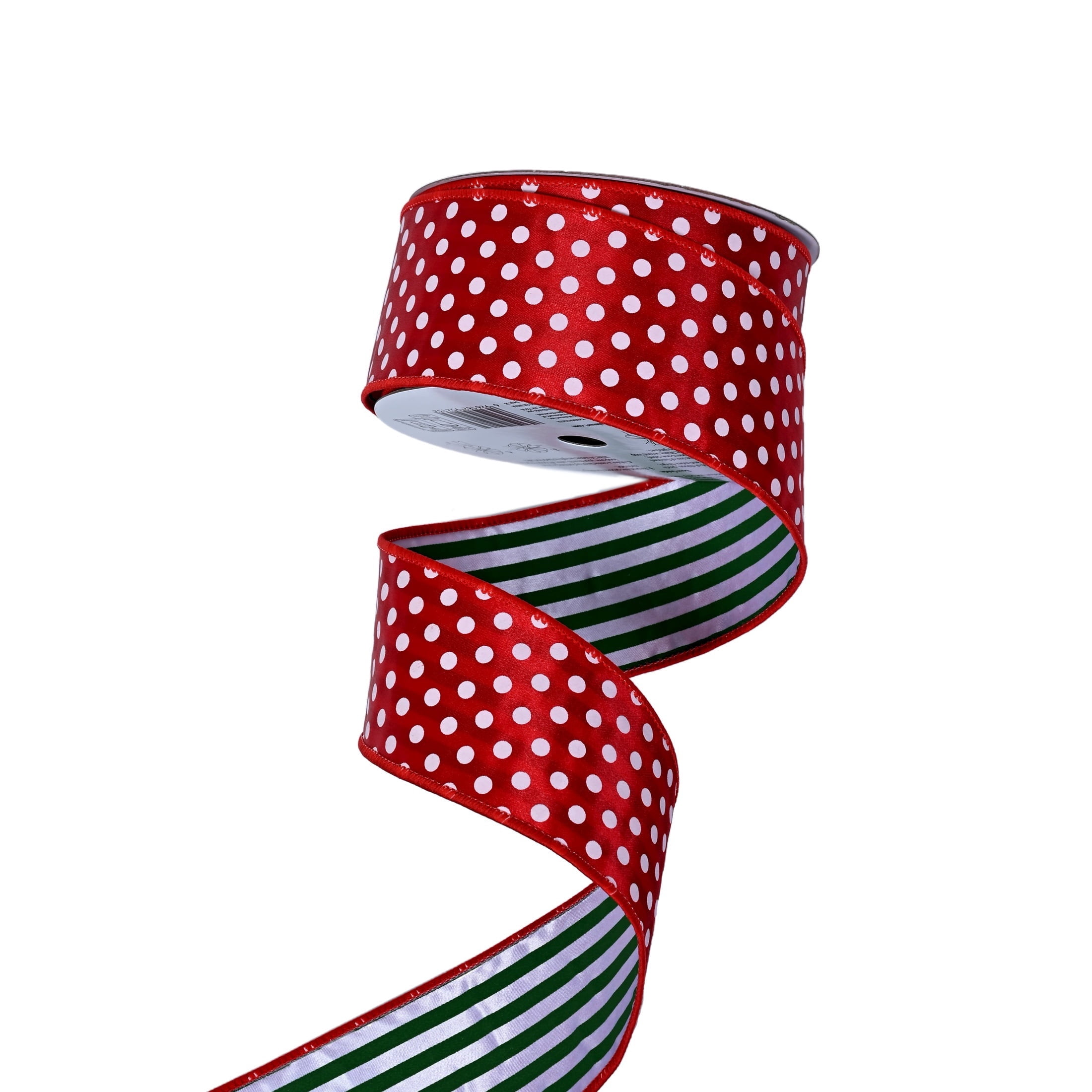 Red/White/Green Polka Dot and Stripe Dual-Sided Christmas Ribbon, 2.5" x 30', by Holiday Time