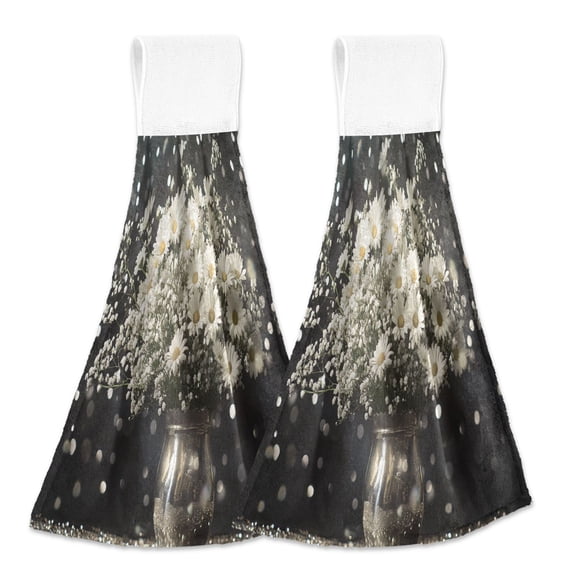 BZSMCE Hanging Hand Towels Fashion Daisies in Metallic Vase Pattern 2-Pack - Velcro Style Bathroom Kitchen Towels