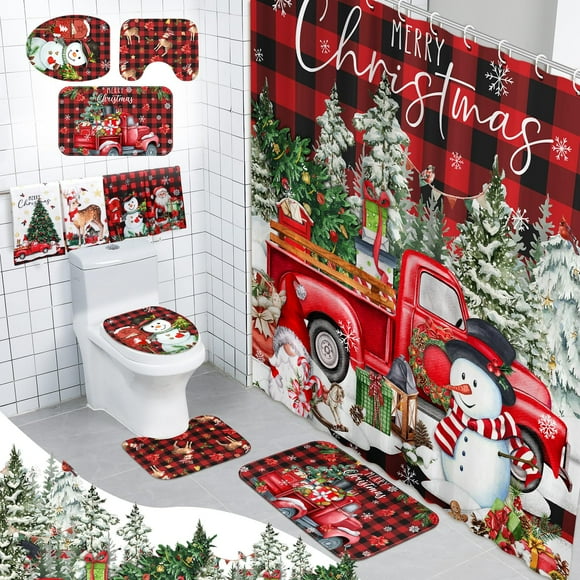 Juego de cortinas de ducha navideñas FuWeave, 8 unidades, diseño de búfalo