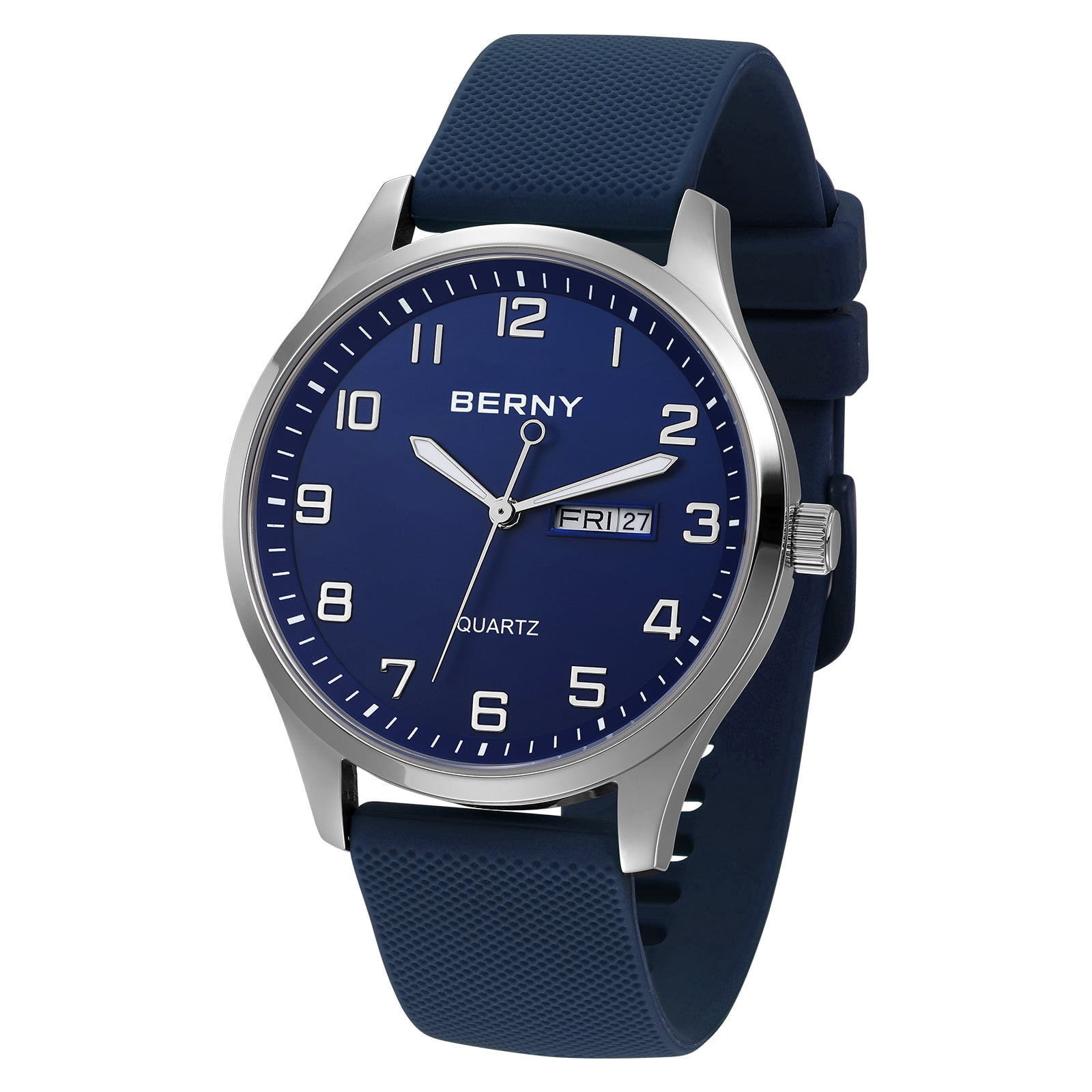 BERNY Modern Quartz Watch for Men Casual Easy Read Wristwatch with Arabic Numeral Watch Dial, Silicone Strap and Day & Date Calendar-Blue Dial