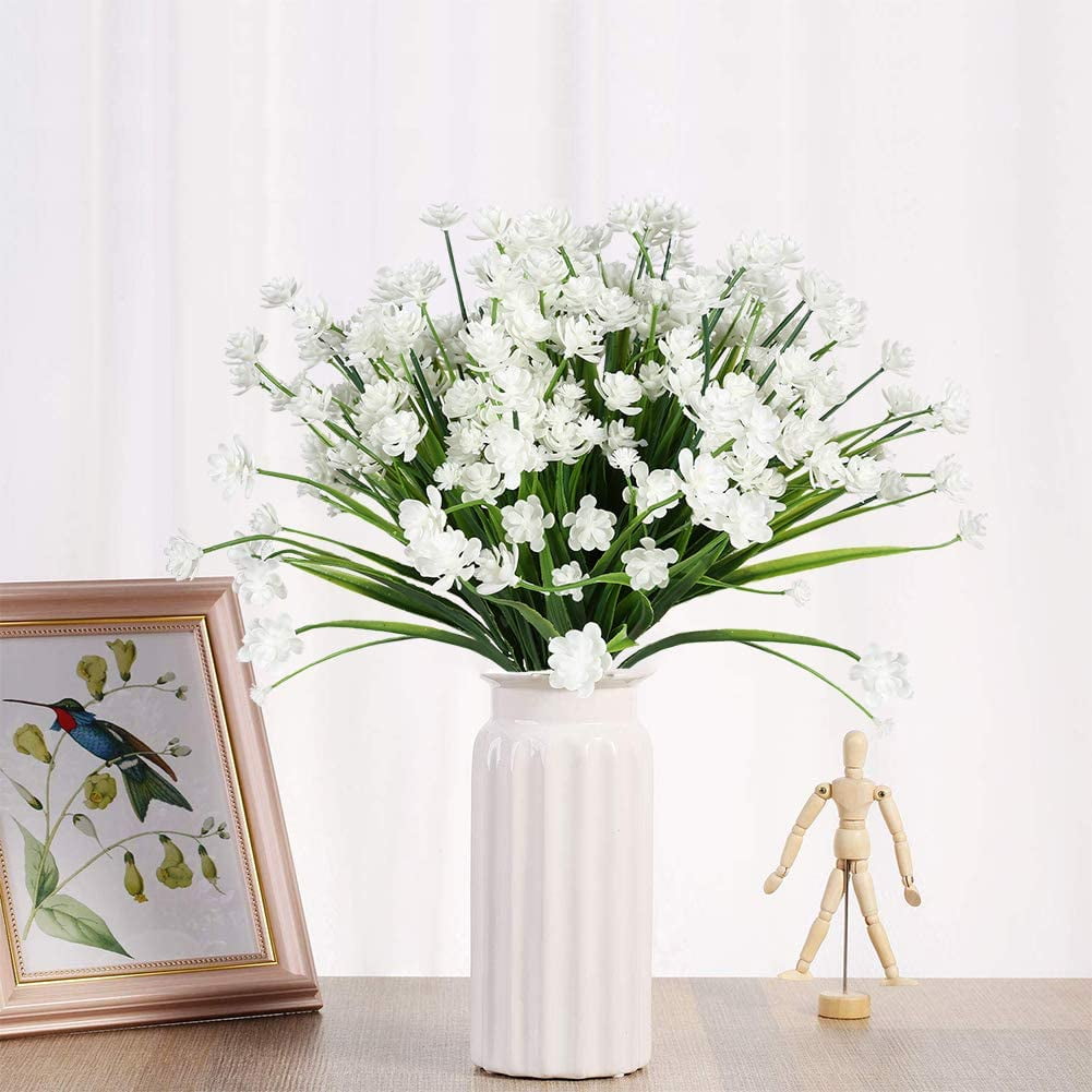 ZOELNIC 20 Bundles Artificial Fake Flowers, Plastic Flowers for Outdoors Decoration, UV Resistant Faux Flowers Shrubs, Artificial Plants for Indoor Outside Garden Home Wedding Farmhouse, White