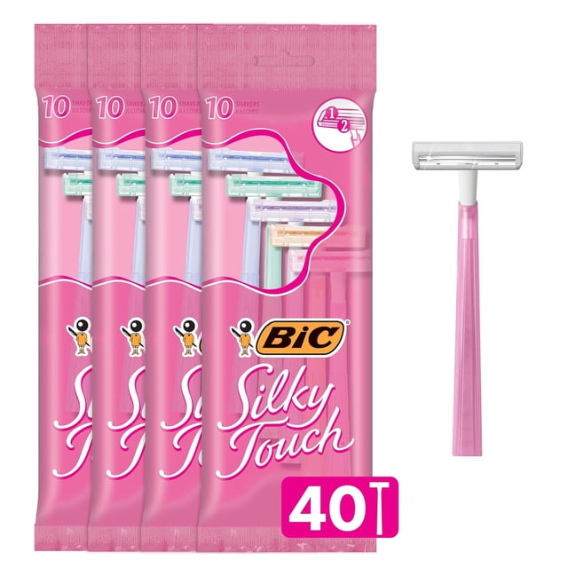 BIC Silky Touch Rasoirs Jetables pour Femmes, avec 2 Lames, Jolis Manches de Rasoir Pastel, Lot Économique de 40 Rasoirs
