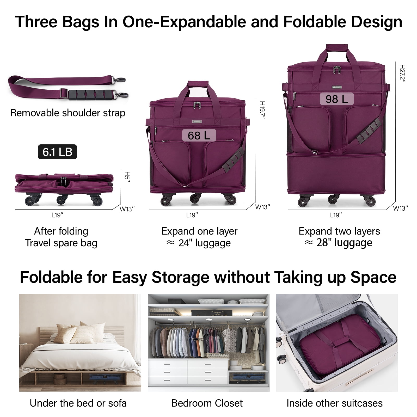 Hanke Suitcases with Wheels Expandable Foldable Luggage Bag Suitcase Collapsible Rolling Travel Bag Duffel Bag for Men Women Lightweight Suitcases,Purple