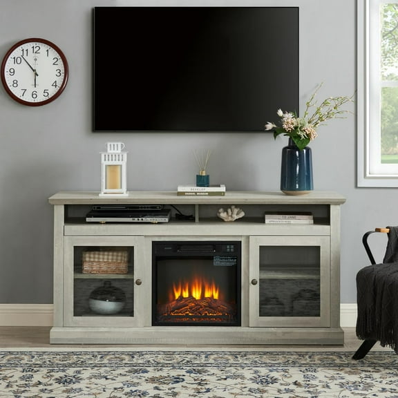 Kepooman Entertainment Stand,TV Stand,TV Media Stand Entertainment Console with 18" Fireplace Insert for TV Up to 65", Stone Gray