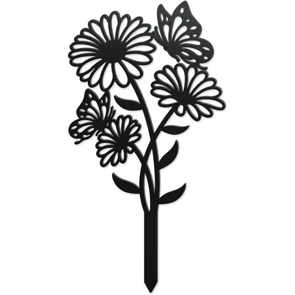 Daisy Butterfly Decorative Silhouette Garden Stakes Metal Flower Butterfly Stakes Statues Ornaments Lovers Gifts Yard Art Black Silhouette Yard Outside Decor for Backyard Patio 7.1x13.4 Inch
