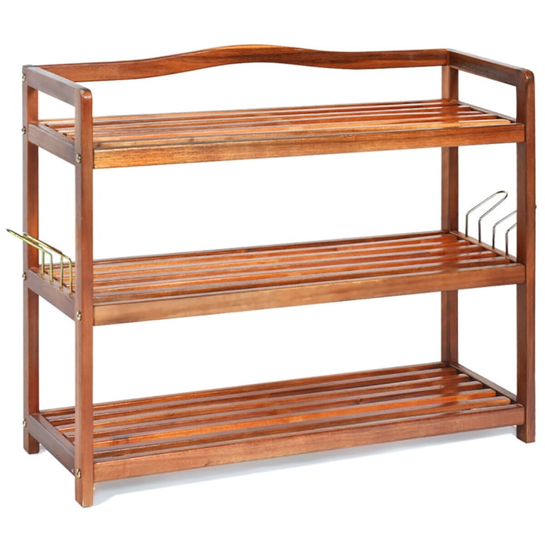 Topcobe 3-Tier Acacia Wood Shoe Rack with Side Metal Hooks, Shoe