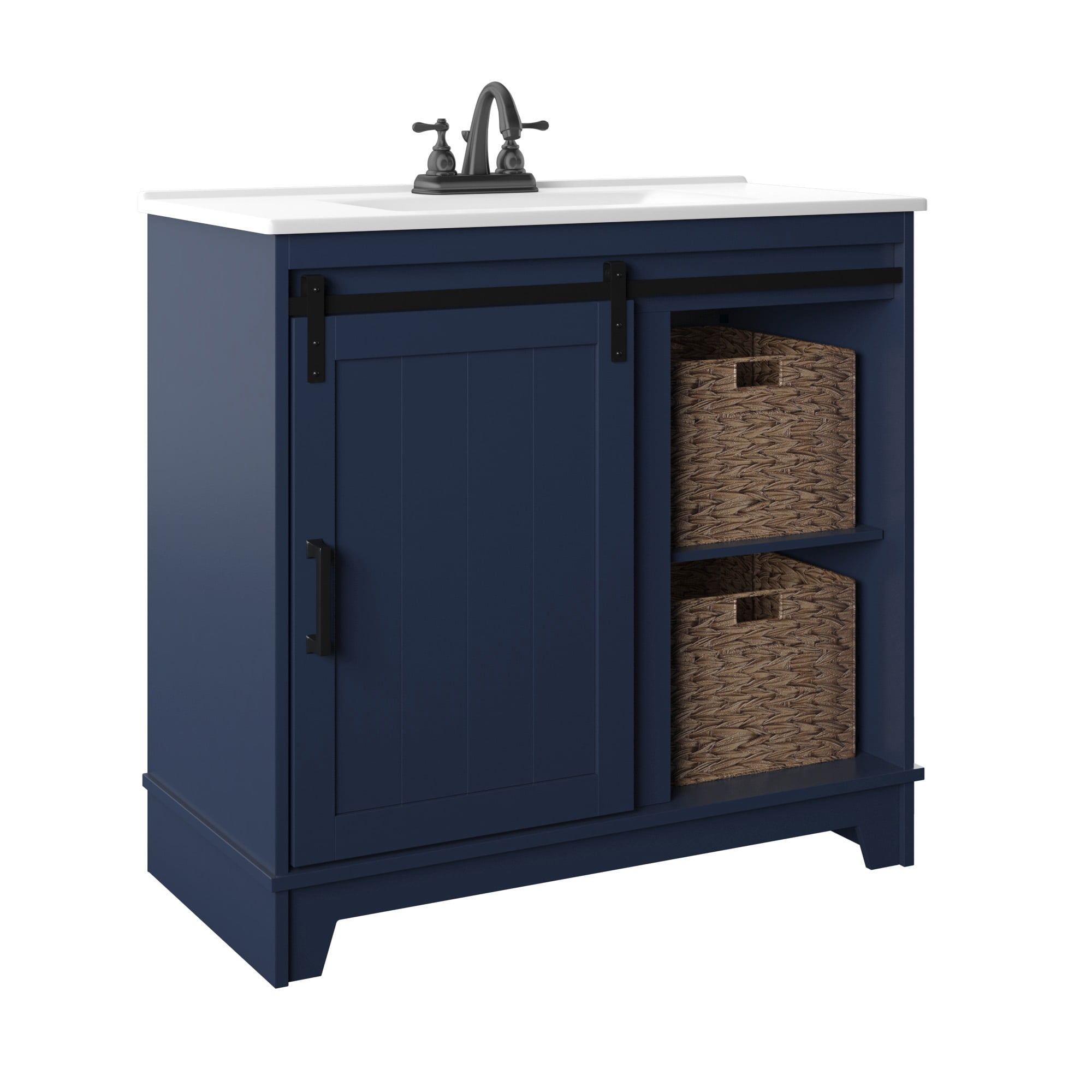Twin Star Home 36" Sliding Barn Door Single Bathroom Vanity with Woven Baskets
