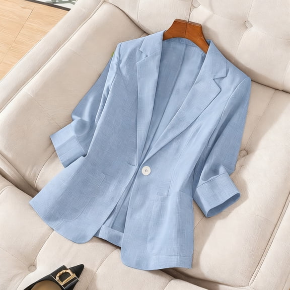 Heisall 2026 Spring Linen Blazer Women - Lightweight 3/4 Stretchy Ruched Sleeve Fully-Lined Casual Work Jacket with Pockets