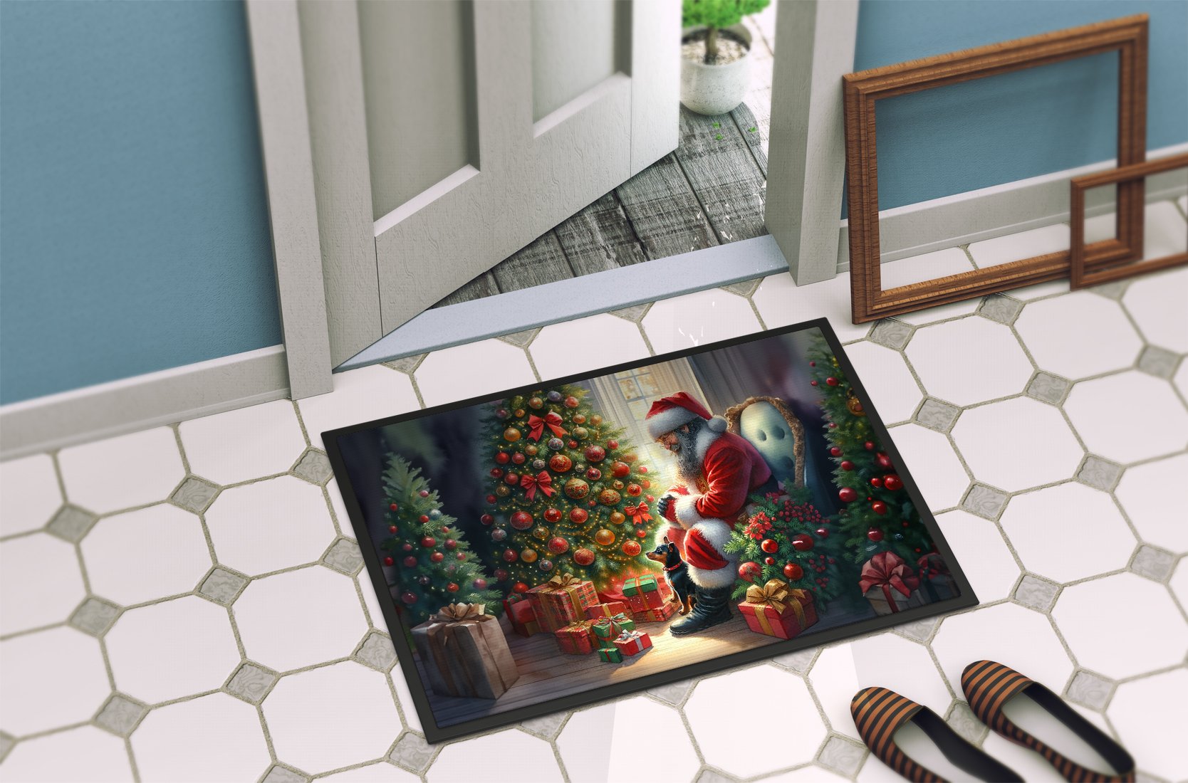 Caroline's Treasures DAC4142JMAT Miniature Pinscher and Santa Claus Doormat Front Door Mat Indoor Outdoor Rugs for Entryway, Non Slip Washable Low Pile, 24H X 36W