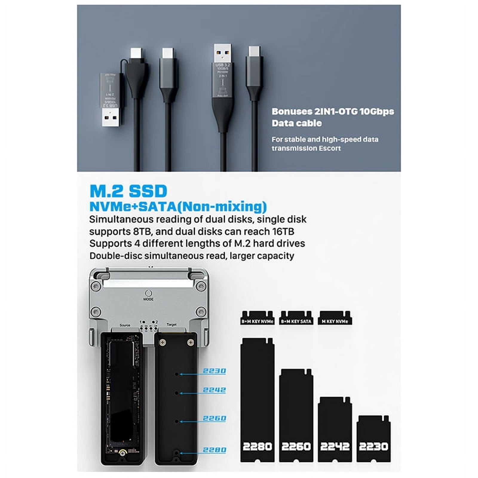 M.2 NVME SSD Enclosure Dual Drive Bay for M2 Nvme 2230 2242 2260 2280 Type-C USB 3.2 Gen2 20Gbps External Hard Case