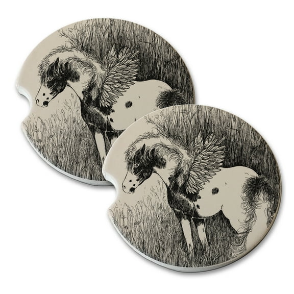 KuzmarK Sandstone Car Drink Coaster (set of 2) - Pinto Pegasus Pony Fantasy Horse Art by Denise Every