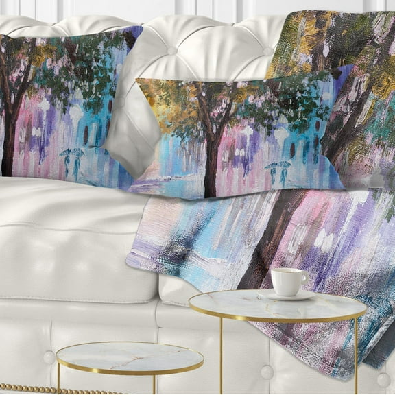 Designart Couple Walking in Rain - Landscape Printed Throw Pillow - 12x20