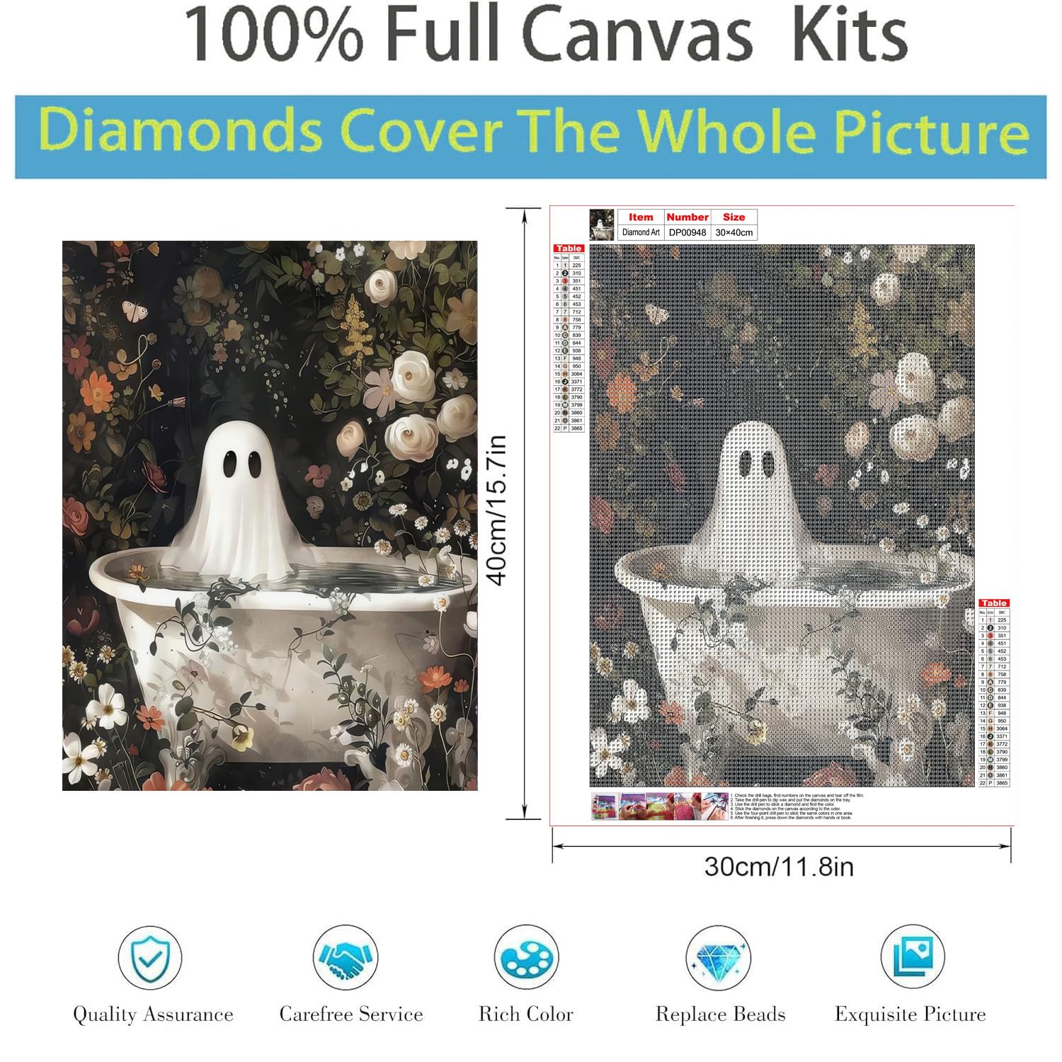 Halloween Diamond Art Kits for Adults, 5D Ghosts Bathing in Flower Forest DIY Full Drill Painting, Home Wall Decor for Living Room, Study, Office, Party, 12x16 Inch