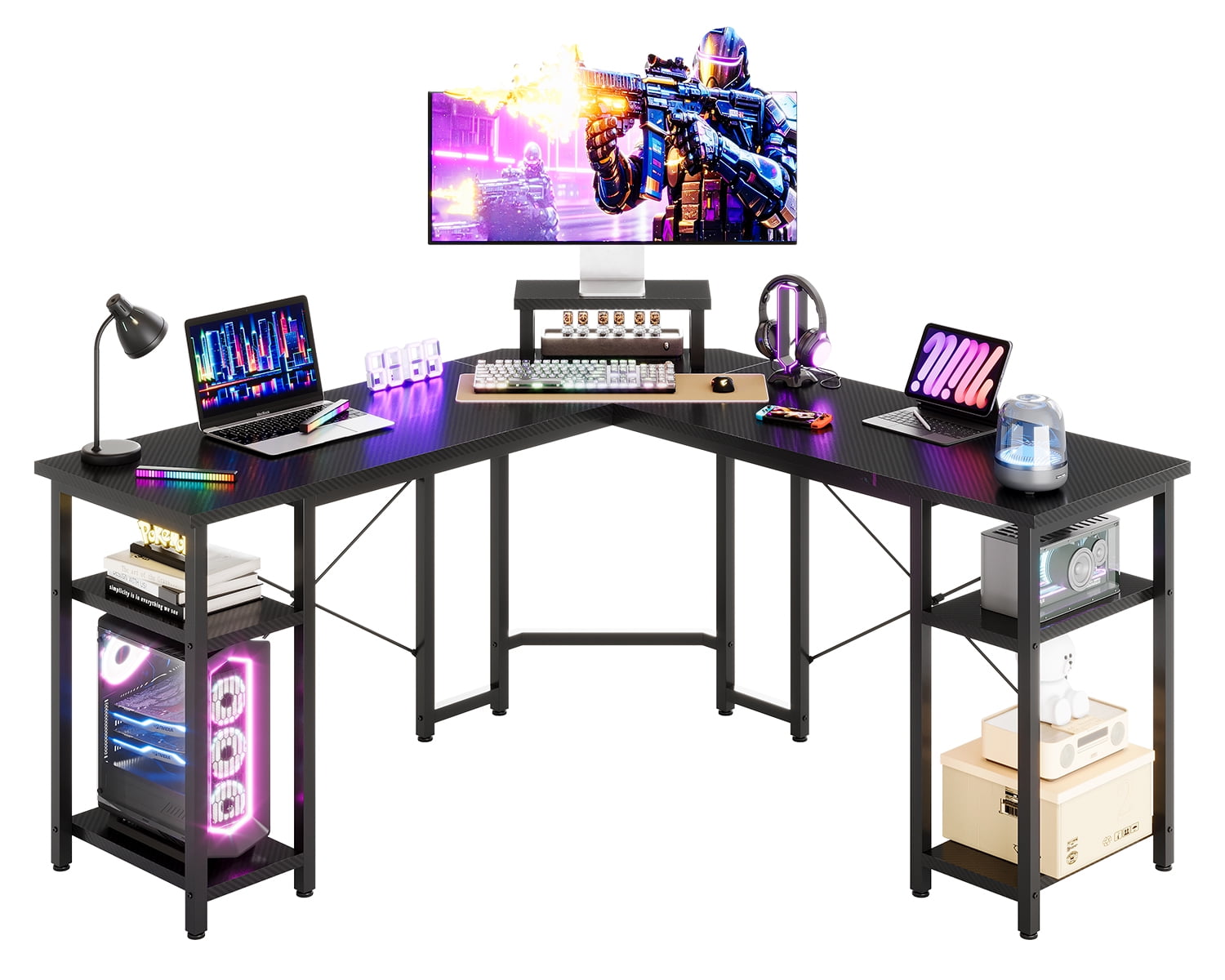 GUNAITO L Shaped Gaming Desk with CPU Stand, 61" Modern Corner Computer Desk,Reversible Office Desk 4-Tier Shelf,Carbon Fiber Black