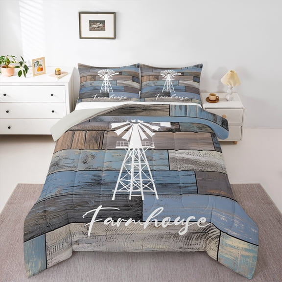 Homewish Rustic Lodge Cabin Bedding Comforter Set for Men, Vintage Old Barn Door Twin Comforter Sets, Blue Farm House Reversible Bedding Set, Breathable Home Decor, 2pcs