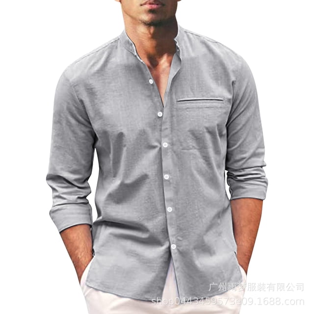 xiaxaixu Men Casual Shirt, Long Sleeve Stand Neck Buttons Solid Color Loose Party Street Spring Summer Tops