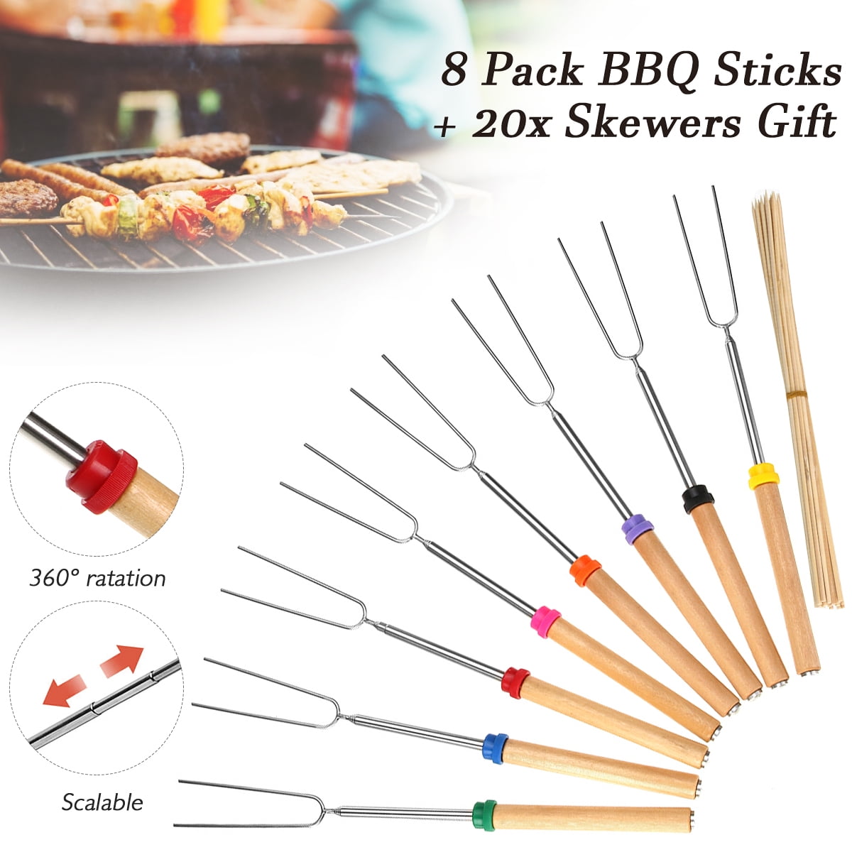 8 Pack Telescoping BBQ Marshmallow Roasting Sticks Smores Skewers Hot Dog Fork 