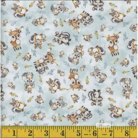 Cotton Fawn and Friends Woodland Animals Deer Raccoon Squirrel Birds Mook Fabrics Gray Cotton Fabric Print by the Yard (138919)