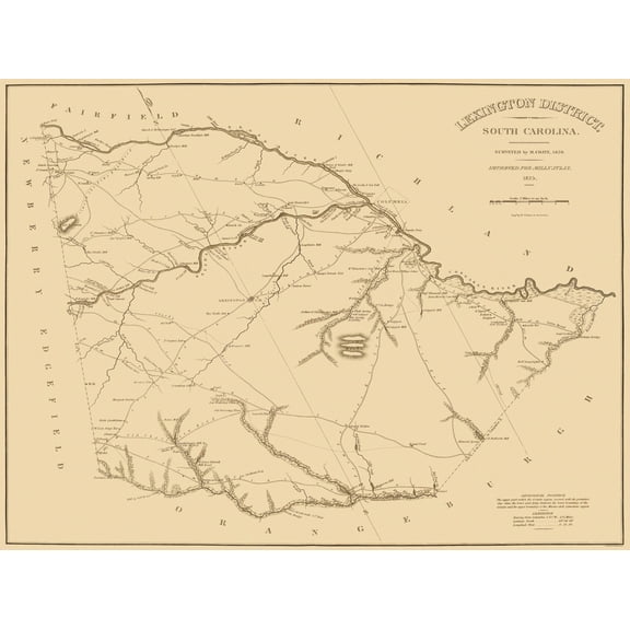 Historic County Map - Lexington County South Carolina - Mills 1825 - 30.75 x 23 - Vintage Wall Art