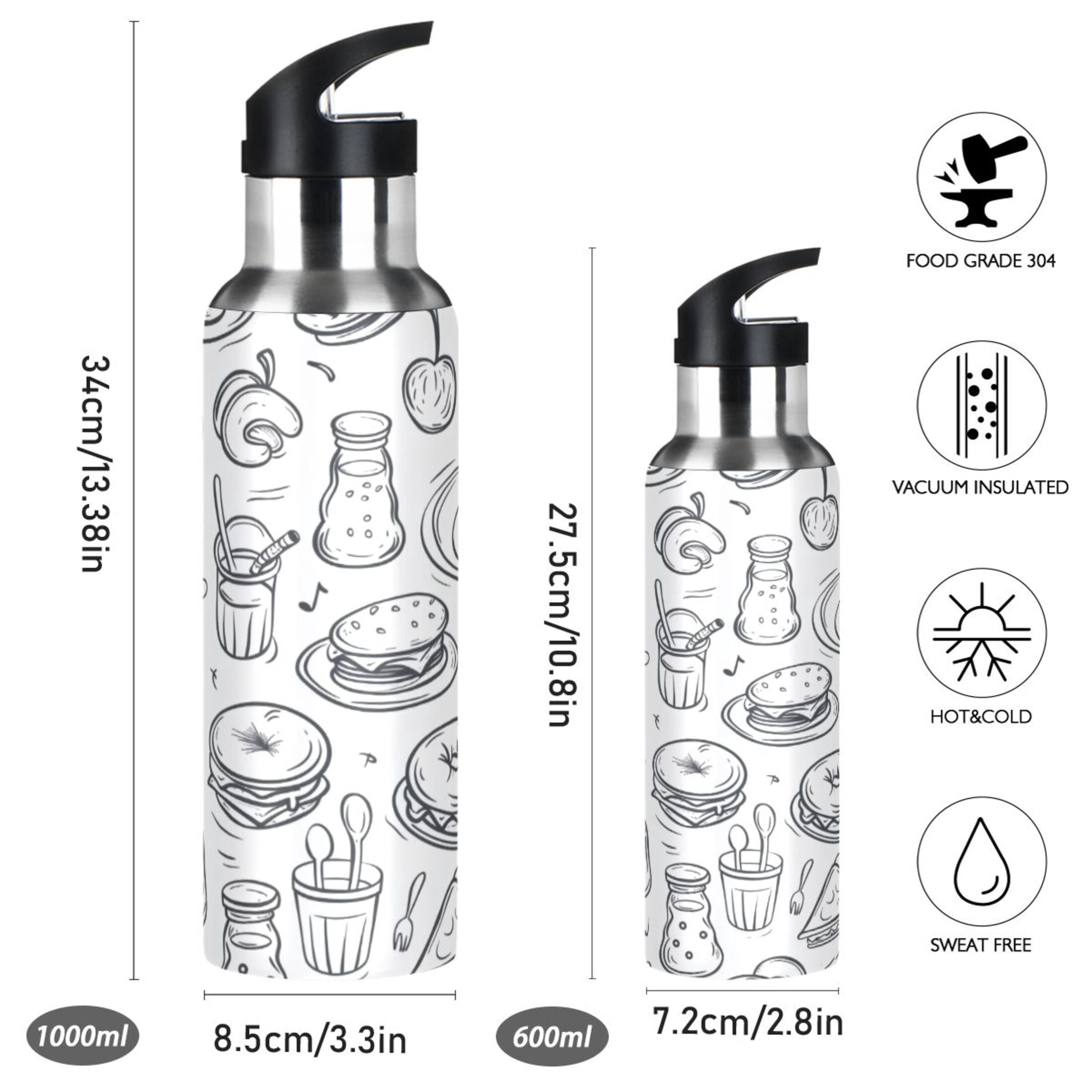 Water Bottles 20oz Straw Lid Wide Mouth Stainless Steel for School Sport Travel Pizza Burger Fruit Line