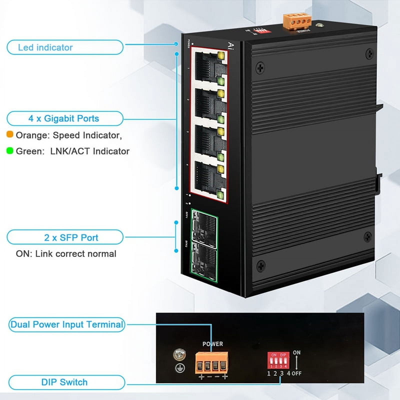 Industrial POE Switch Gigabit Switch Ethernet with 6x100/1000mbps Port Base-T Din IP40 Network Switch DC44-55V
