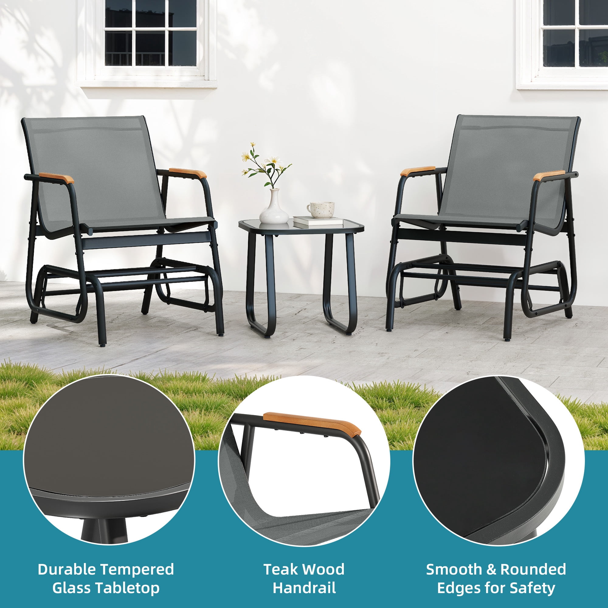 Uforic 3-Piece Patio Furniture Set, Outdoor Textilene Glider Bistro Set with 2 Glider Chairs & Tempered Glass Coffee Table, Heavy Duty Outdoor Seating Set for Backyard, Garden, Balcony, Gray