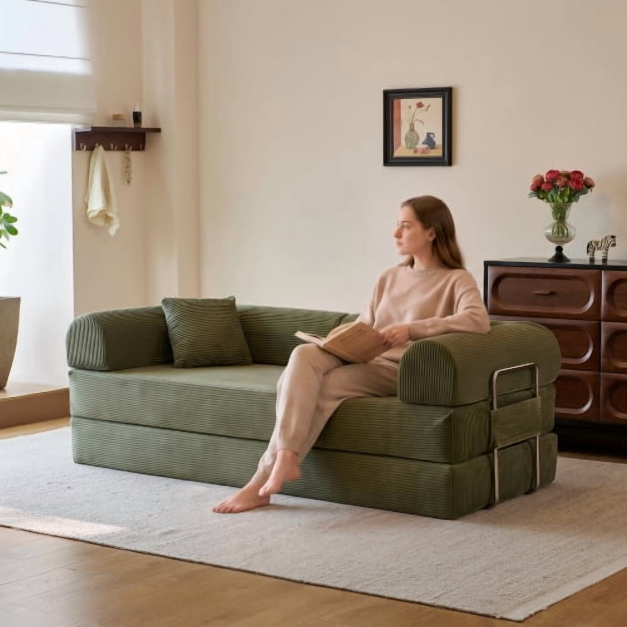 Howcool 79" Boneless Sleeper Sofa Bed, 2-in-1 Pull Out Convertible Loveseat Couch with 2 Throw Pillows, Corduroy Futon Floor Sofa for Living Room, No Assembly Required, Green