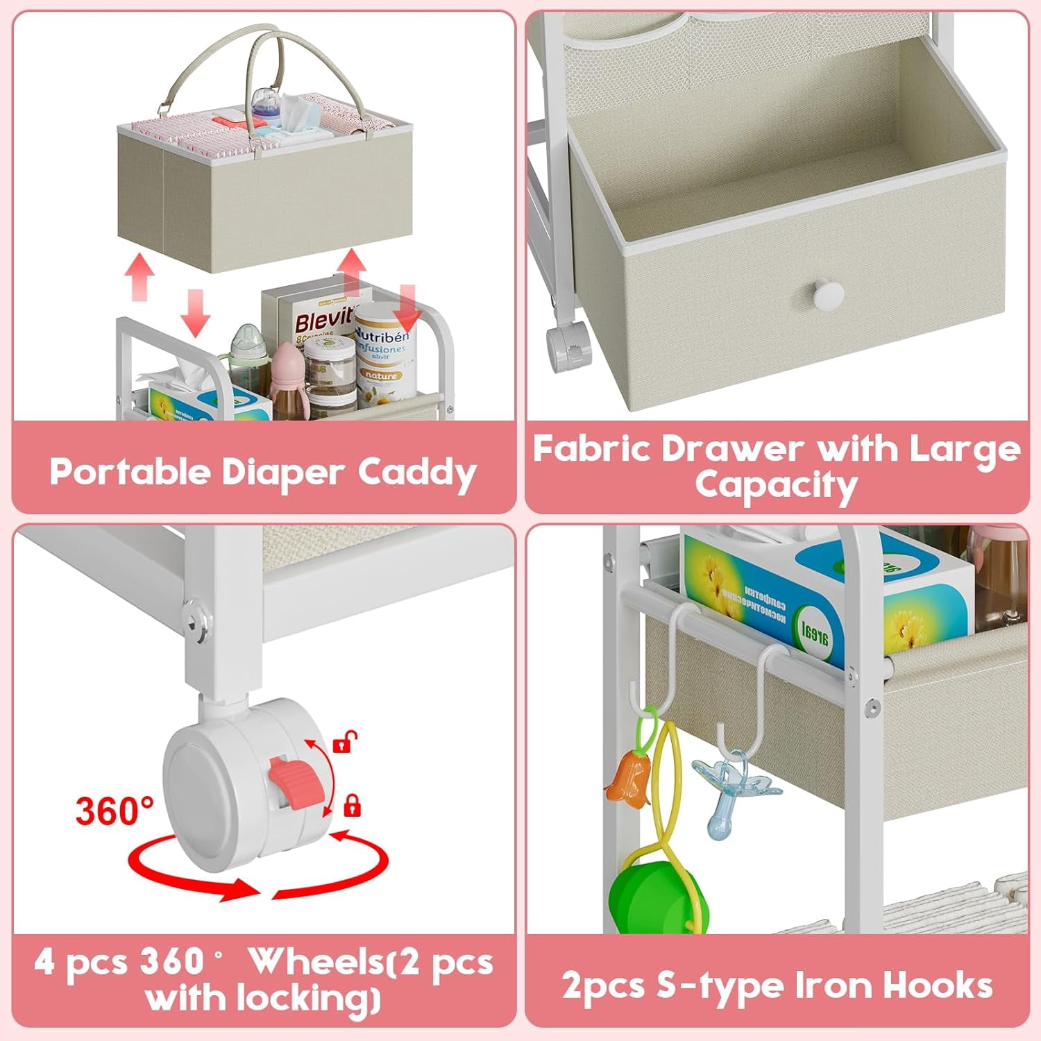 2-in-1  Diaper Caddy Organizer with 3 Tiers and Drawer, White Rolling Cart for Nursery Storage