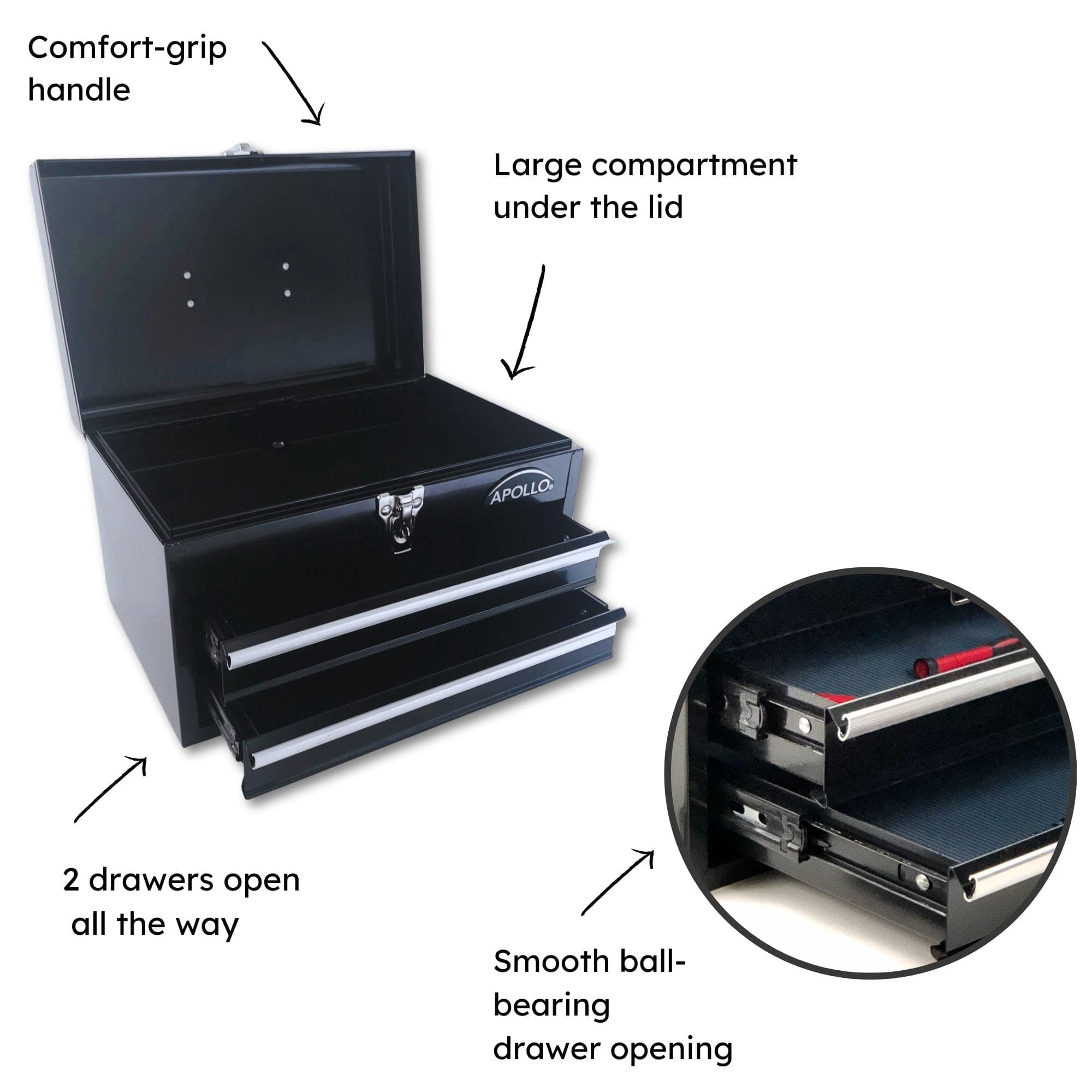 Apollo Tools Black Steel Tool Chest with 2 Drawers and Ample Top Compartment -- DT5010
