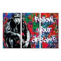 Elephant Stock Chimpanzee Graffiti Wall Art - Horizontal Multi Panel Canvas - Living Room Wall Decor - Animal Multi Panel - Black And Red Decor - 23" x 14"