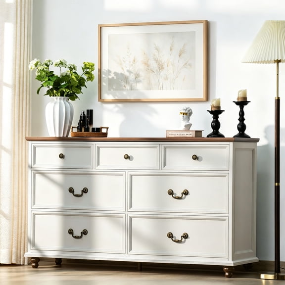 Buildhom 54" Farmhouse 7-Drawer Dresser with 4 Wood Legs, Wood Chest for Bedroom, Living Room, White