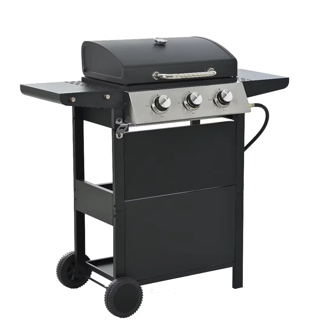 Leuco 3 Burner BBQ Propane Gas Grill, Stainless Steel 25,650 BTU Patio Garden Barbecue Grill with Two Shelves, Lid, Wheels and Bottle Opener