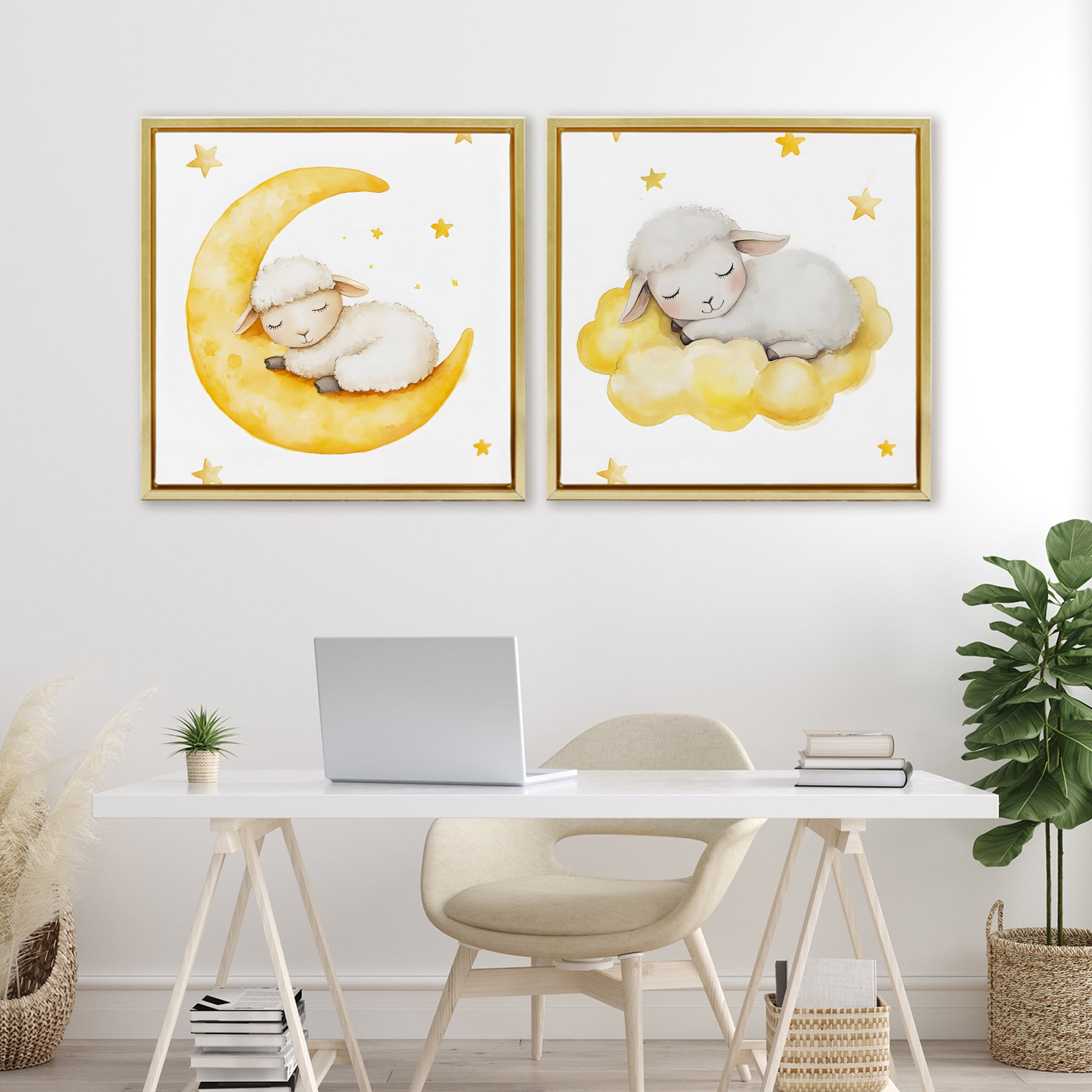 Stupell Industries Sleeping Sheep Cloud and Moon 2 Piece Gold Framed Floater Canvas Set, design by LSR Design Studio
