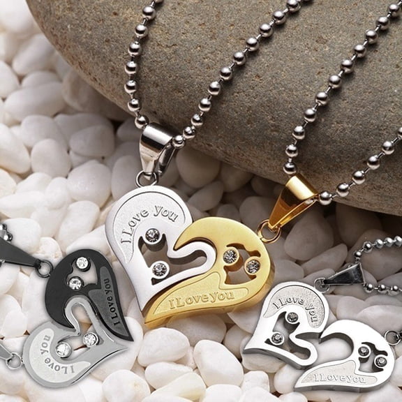 Joernso 2Pcs Couple Necklaces Shiny Rhinestone Inlaid Sparkling Geometric Memorial Gift Classic Lover Heart Pendant Necklaces Jewelry Accessories for Anniversary