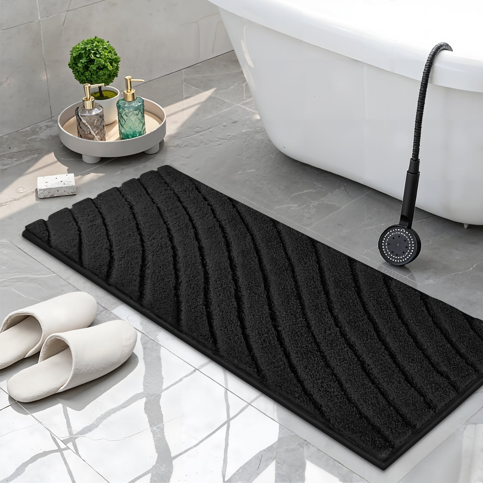 Findosom 3pcs Bathroom Rugs Set with U-Shaped Mat,Non Slip Machine Washable Wave Bath Mat,Ultra Soft Plush Shower Rugs for Bathroom,Tub,Shower18"x26"+18"x48"+U 20"x24"Black