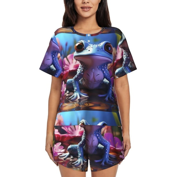 Balery Colorful Frog Among Flowers Conjunto de Pijama para Mujer con Estampado, Dos Piezas de Manga Corta y Shorts, Ropa de Dormir Suave con Cuello Redondo y Bolsillos-Medium