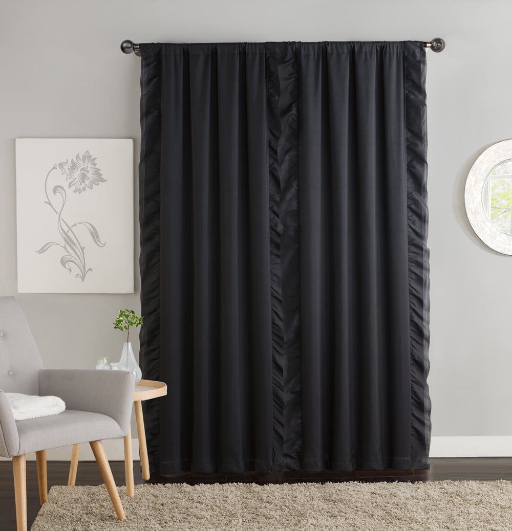 VCNY Home Amber 2-Piece Black Solid Color Ruffle Rod Pocket Blackout Curtain Set, 40" x 84"