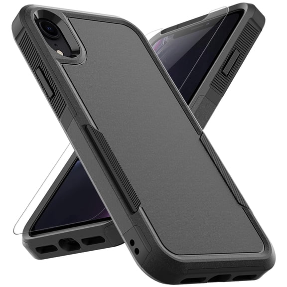 Dual Layer Phone Case compatible with Apple iPhone XR 6.1 inch, Shockproof Heavy Duty Rugged Bumper Cover with Screen Protector, 16FT Military Grade Drop Tested, Black