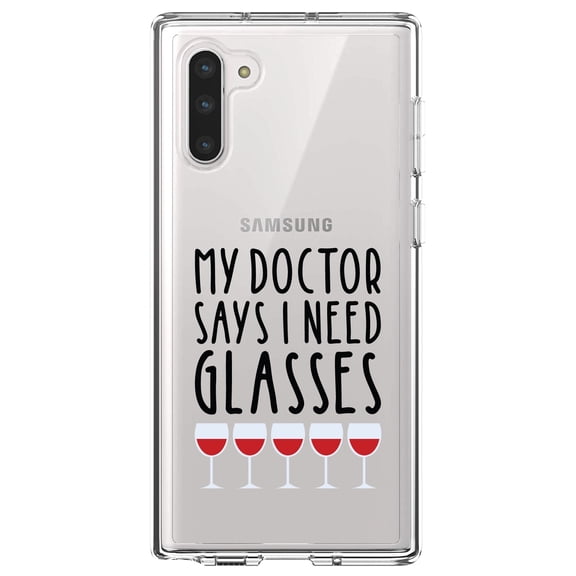 DistinctInk Clear Shockproof Hybrid Case for Samsung Galaxy Note 10 (6.3" Screen) - TPU Bumper Acrylic Back Tempered Glass Screen Protector - My Doctors Says I Need Glasses - Wine