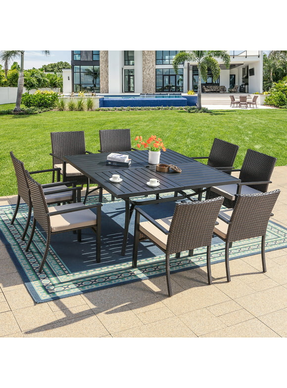 MF Studio 9-Piece Outdoor Dining Set with Large Square Table&Wicker Chairs for 8-Person, Black