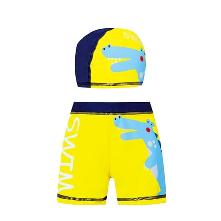 HAOTAGS Boys Trunks With Cap Set Crocodile Print Quick Dry Elastic Swimsuit Bundle Yellow 3-4