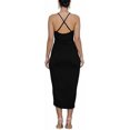 thumbnail image 3 of Plus Size Women's Solid Black Ruched Wrap Spaghetti Strap Midi Bodycon Dress Irregular High Split Skirt, 3 of 3
