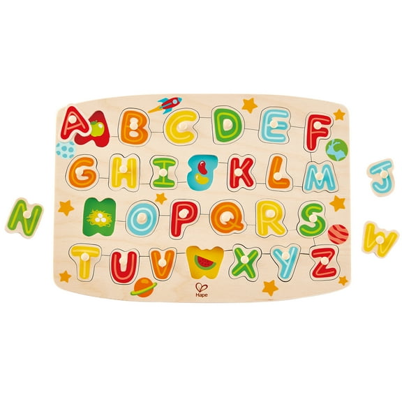 Hape: Peg Puzzle: ABC Picture - 27pc Wooden Puzzle, Colorful Chunky Alphabet Pieces, Discovery Optic Magic, Preschool Learning, Toddler & Kids Ages 3 
