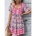 thumbnail image 5 of Women'S V Neck Patchwork Dress Bohemian Print Mini Skirt Summer Casual Beach Chic Pink S, 5 of 9