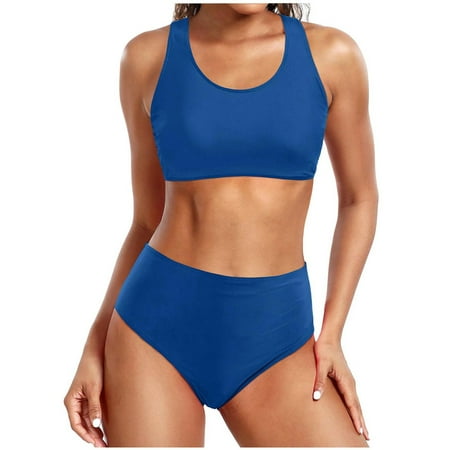 Summer Savings  Women s Solid Set Swimsuit  Sleeveless Push-Up Padded  Beachwear  Solid Color  for Pool/Sunbathing  Supportive Bra  Quick-Dry Material  Women s Swim Suits | Blue M  Sopatenor